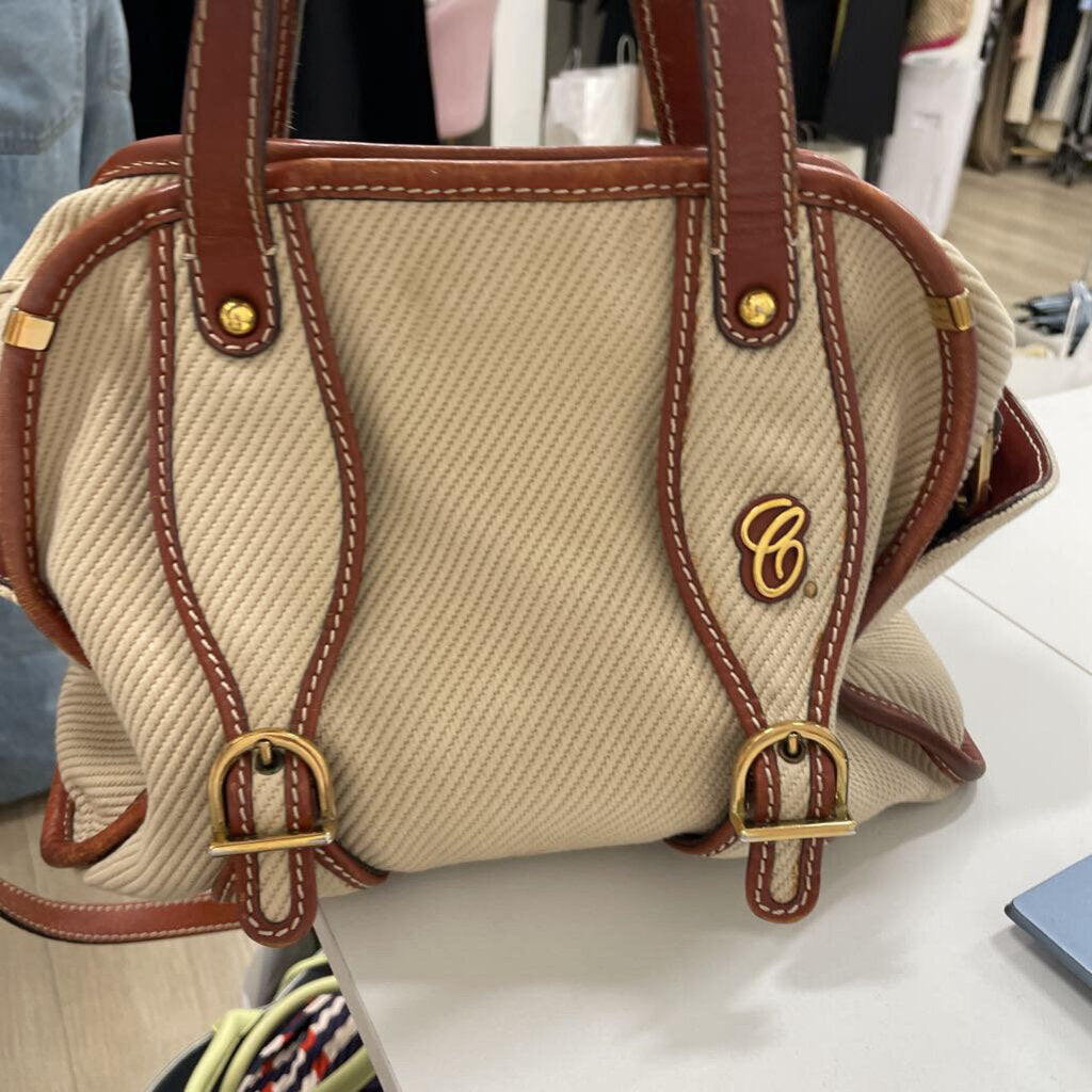 Beige Canvas Brown Leather Susan Top Handle
