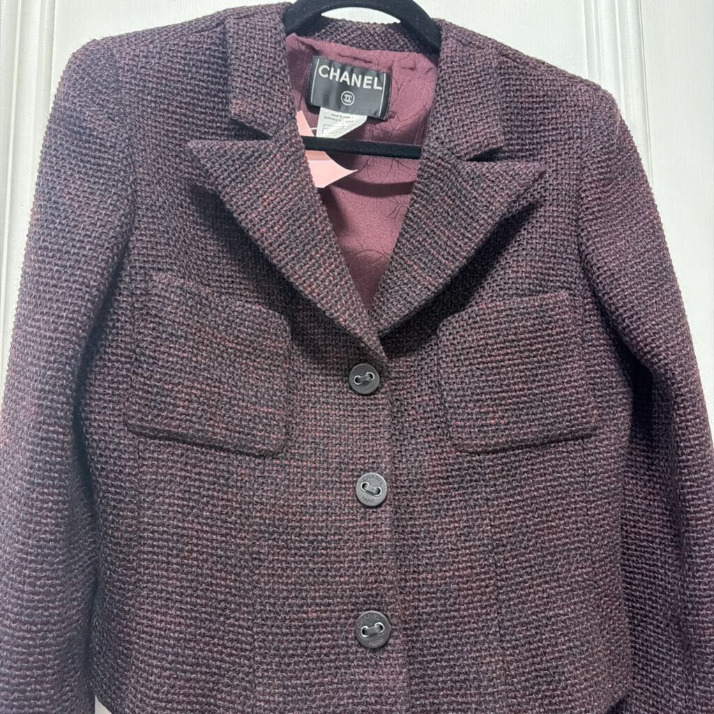 2002 Burgundy/Black Wool Tweed Crop Blazer
