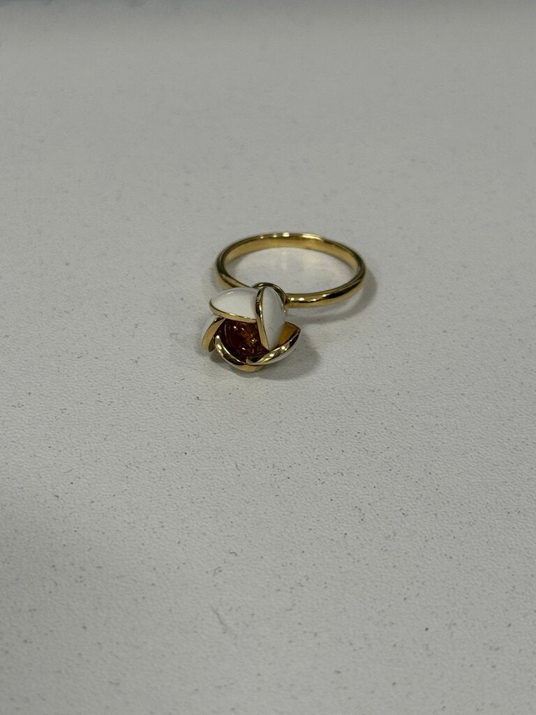 18k Yellow Gold White Enamel + Citrine Flower Ring
