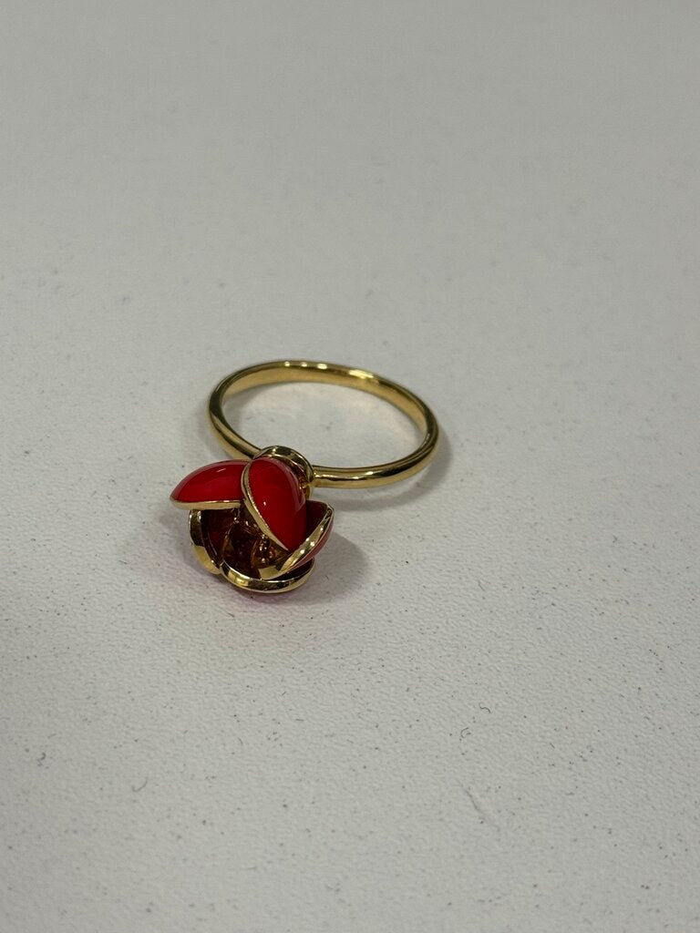 18k Yellow Gold Red Enamel + Pink Tourmaline Flower Ring
