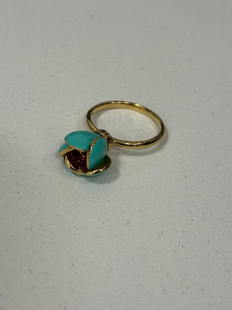 18k Yellow Gold Teal Enamel + Garnet Flower Ring