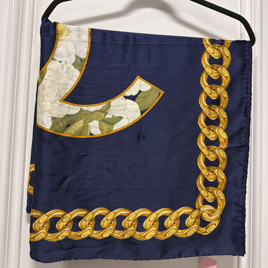 Navy/Gold Chain CC Silk Scarf, 34x34