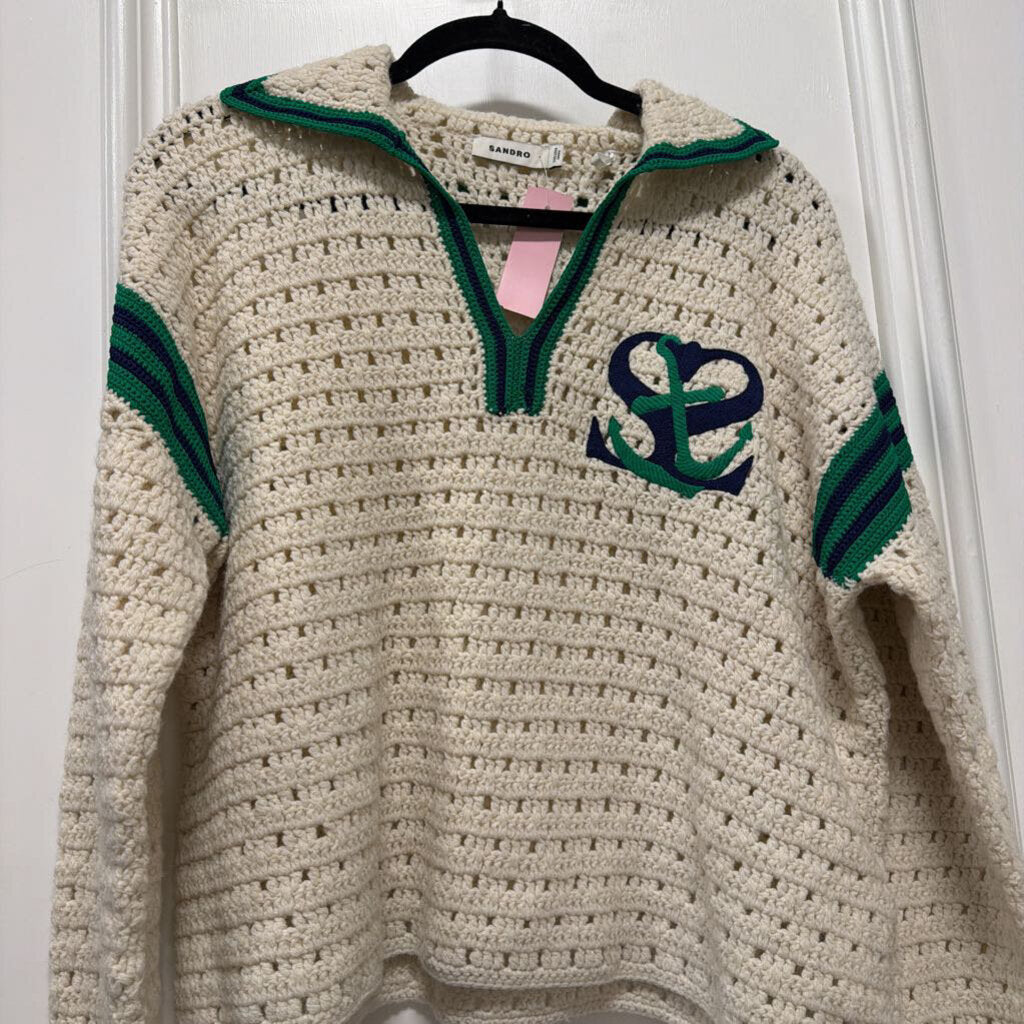 Cream Wool Crochet Polo Sweater (R445)