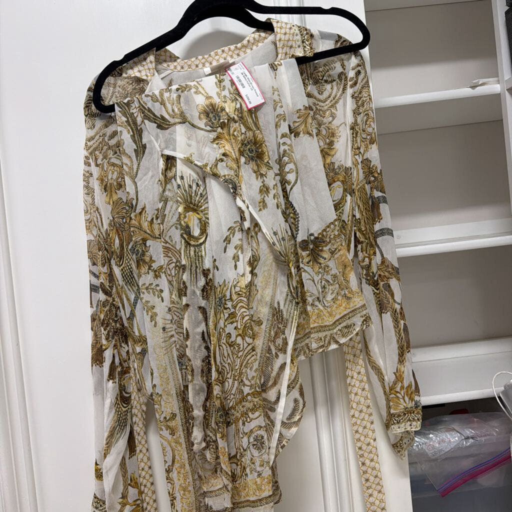 White/Brown Printed Silk Belted Kaftan