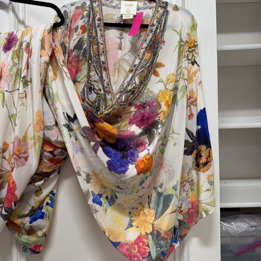 White Floral Printed Silk Kaftan