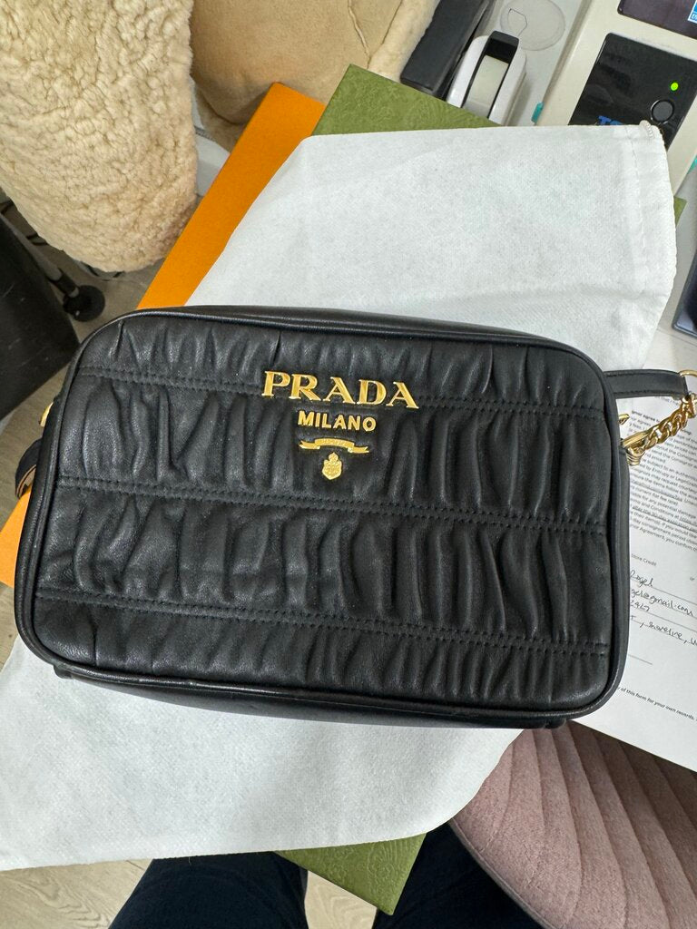 Black Ruched Nappa Leather Gaufre Camera Bag
