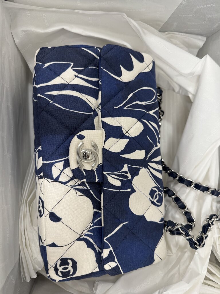 2022 Blue/White Camellia Flap Bag (NEW, full set)