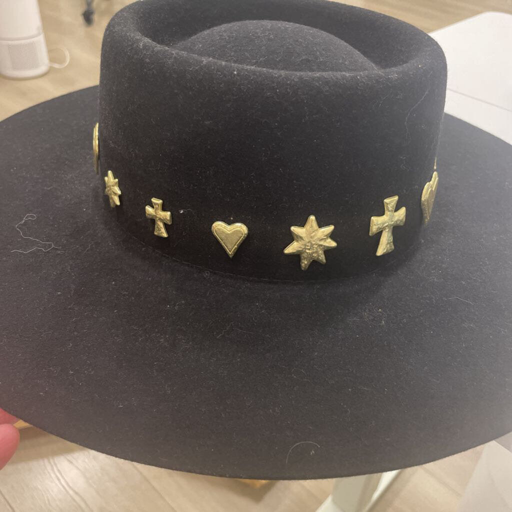 Black Wool Embellished Felt Hat (221)
