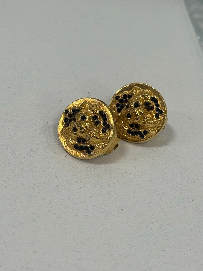 01A Gold Tone Lion Head Clip-On Earrings w/ Box