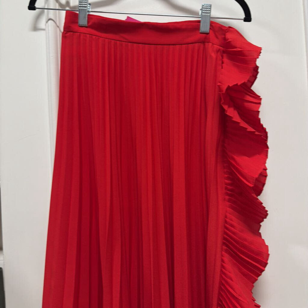 2018 Red Poly Pleated Ruffle-Side Midi Skirt