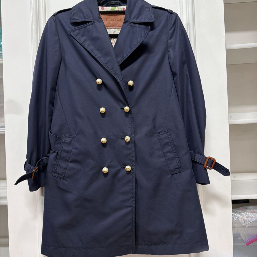 Navy Cotton Trench Coat w/ Pearl Buttons (2200 retail)