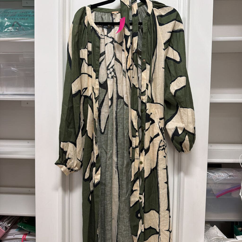 Green Linen Floral Belted Dress