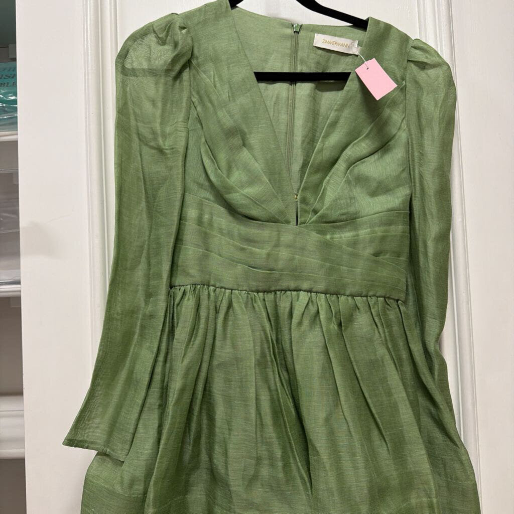 Green Mini Silk/Linen Blend Mini Dress