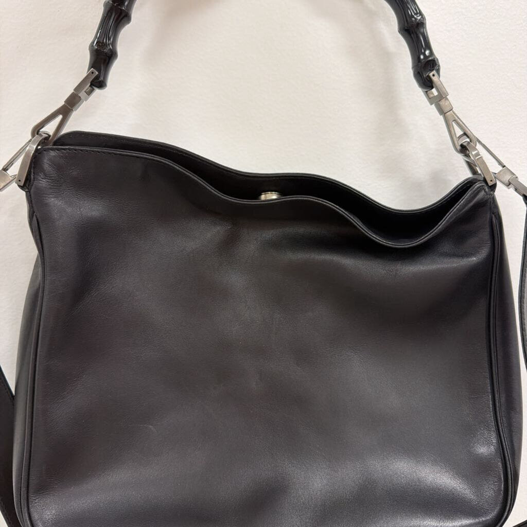 Black Leather Bamboo Handle Handbag