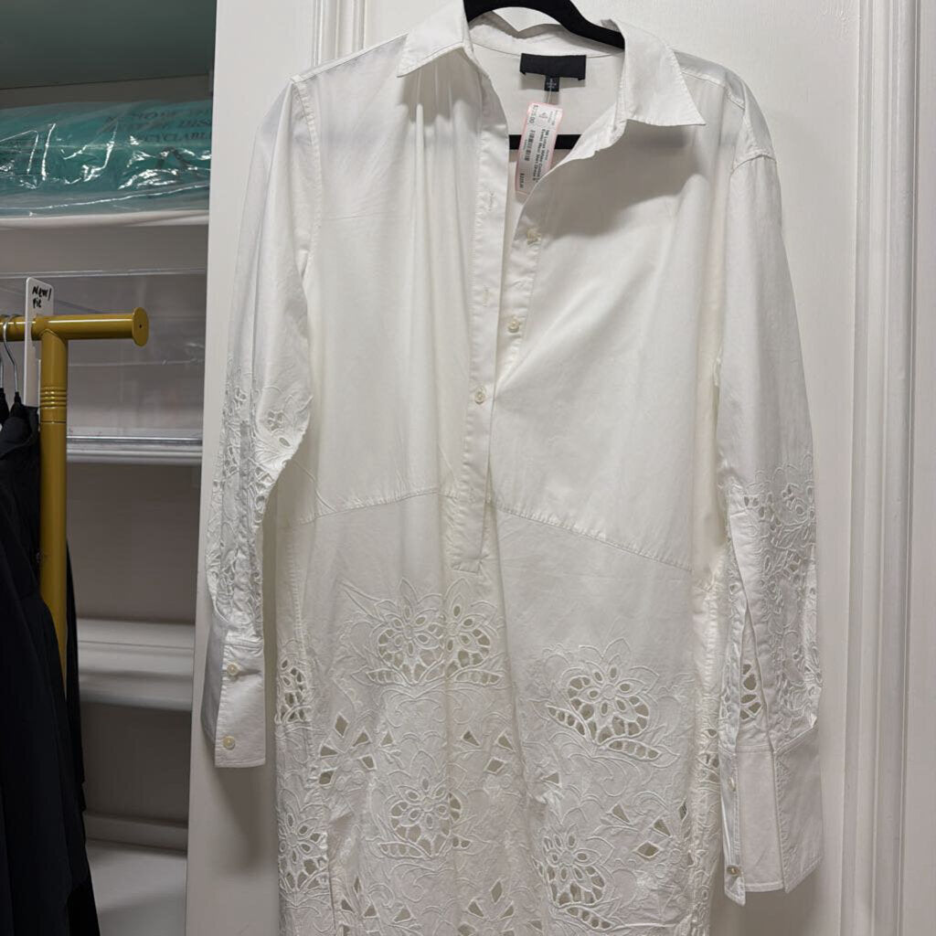 White Cotton LS Eyelet Maxi Shirt Dress