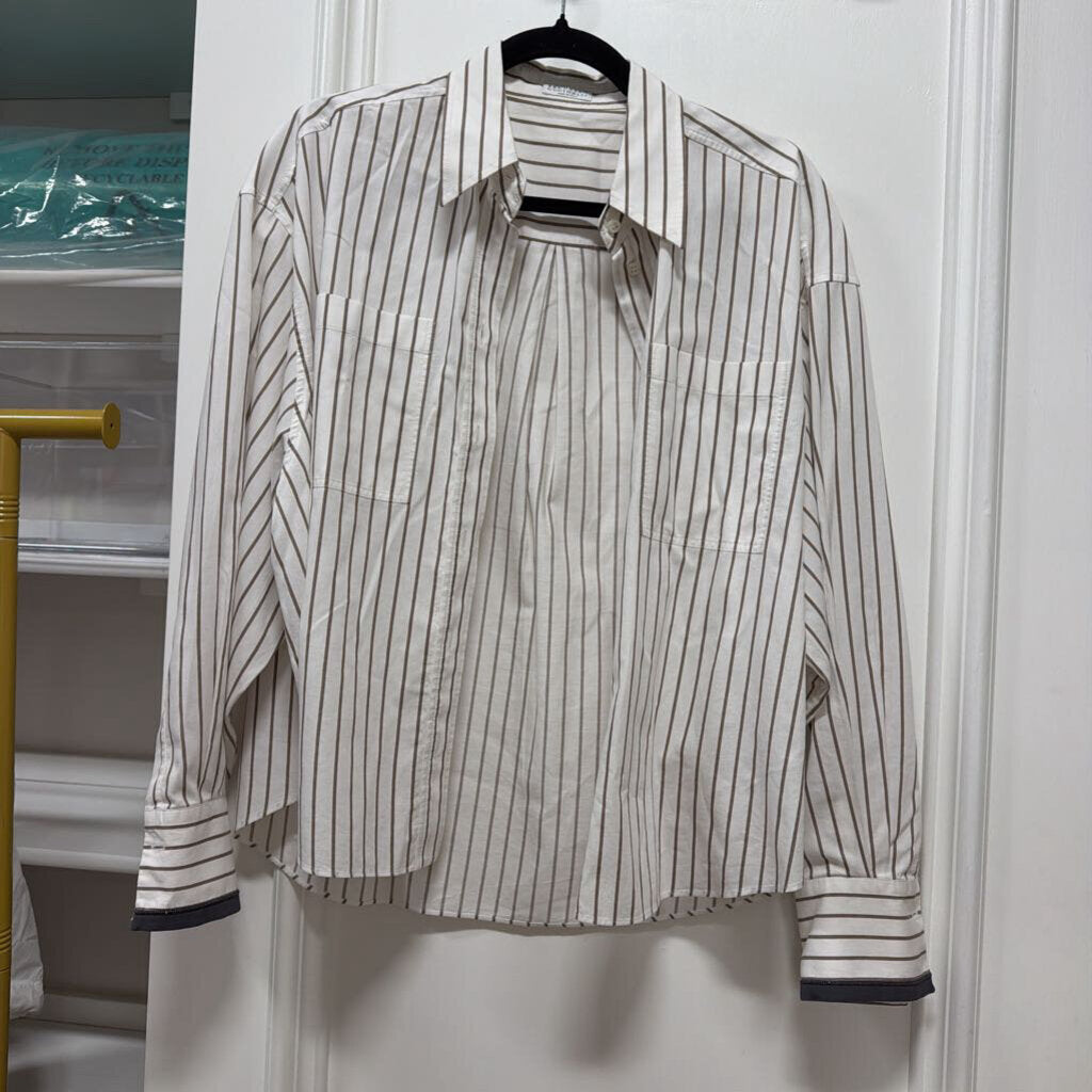 White/Brown Stripe Cotton Button Up Top