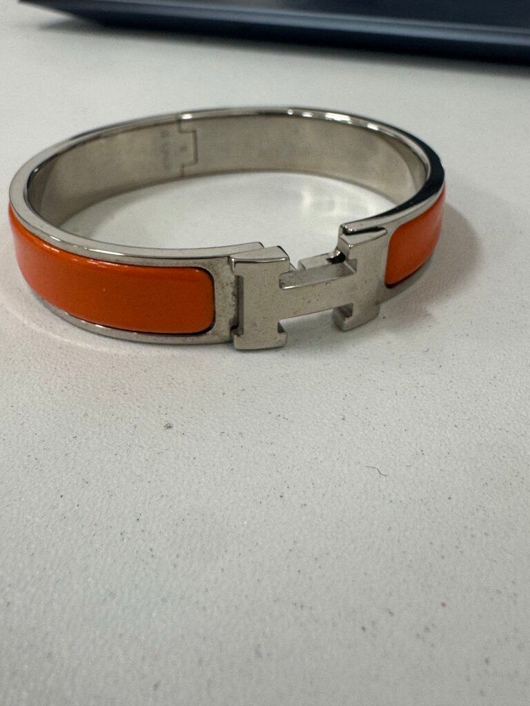 Silver Tone Orange Enamel Clic H Bracelet