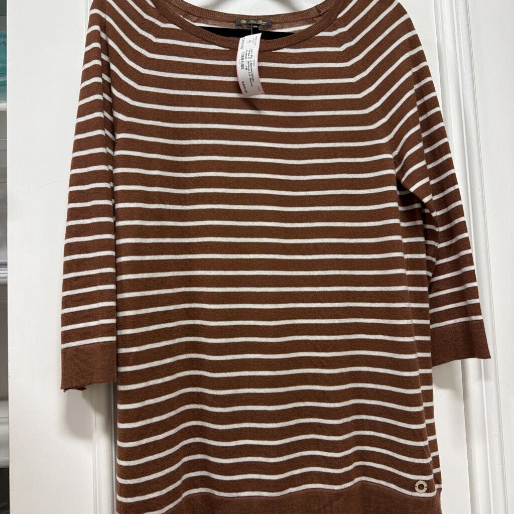 Brown/White Stripe Cashmere 3/4 Sleeve Sweater