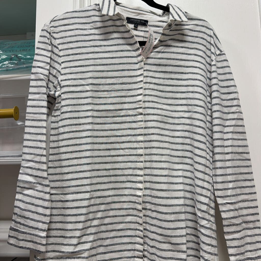 Gray/White Stripe Linen/Cotton Button Up Top