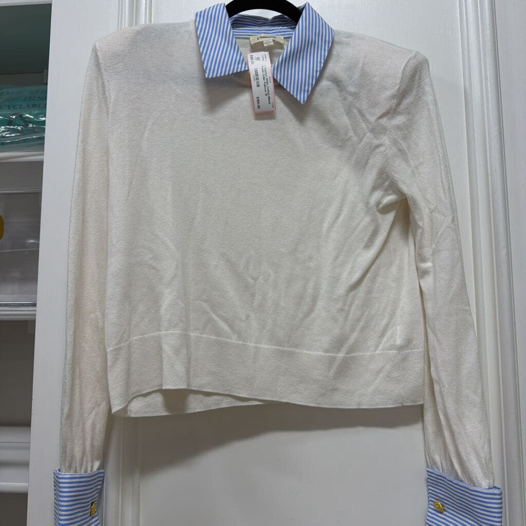 White Cotton Blend Poplin Collar Pullover