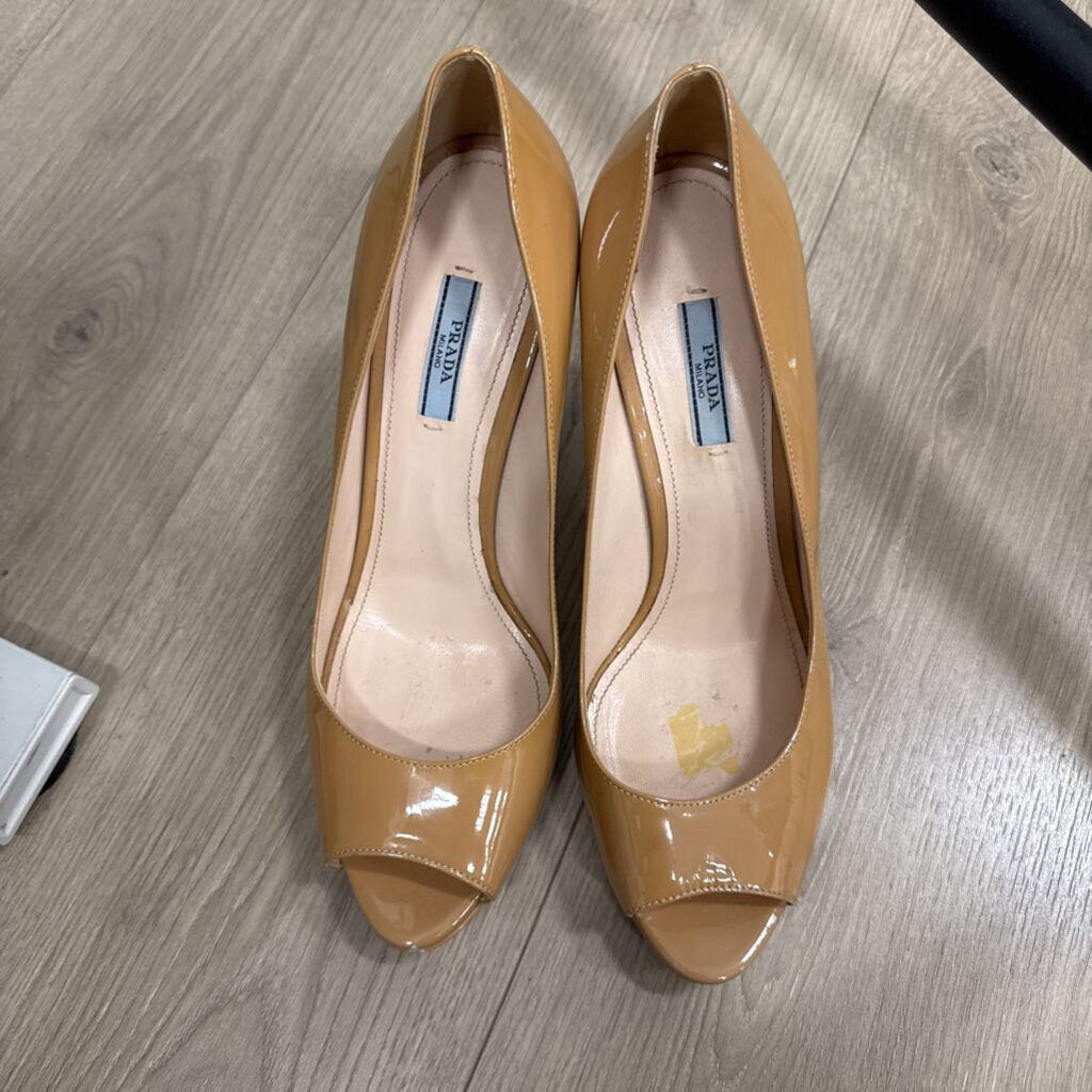 Prada Beige Patent Peep Toe Pumps