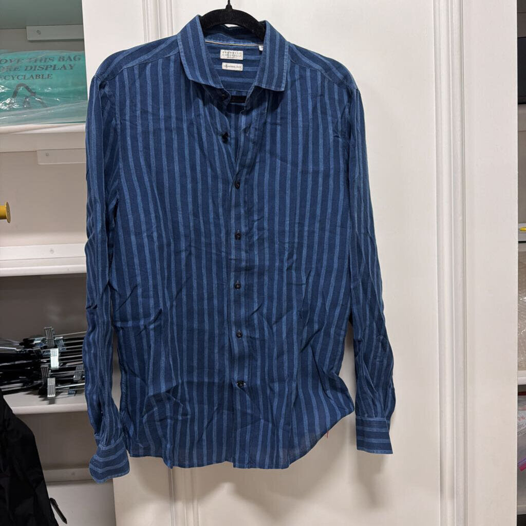 Blue Stripe Linen Button Up Top
