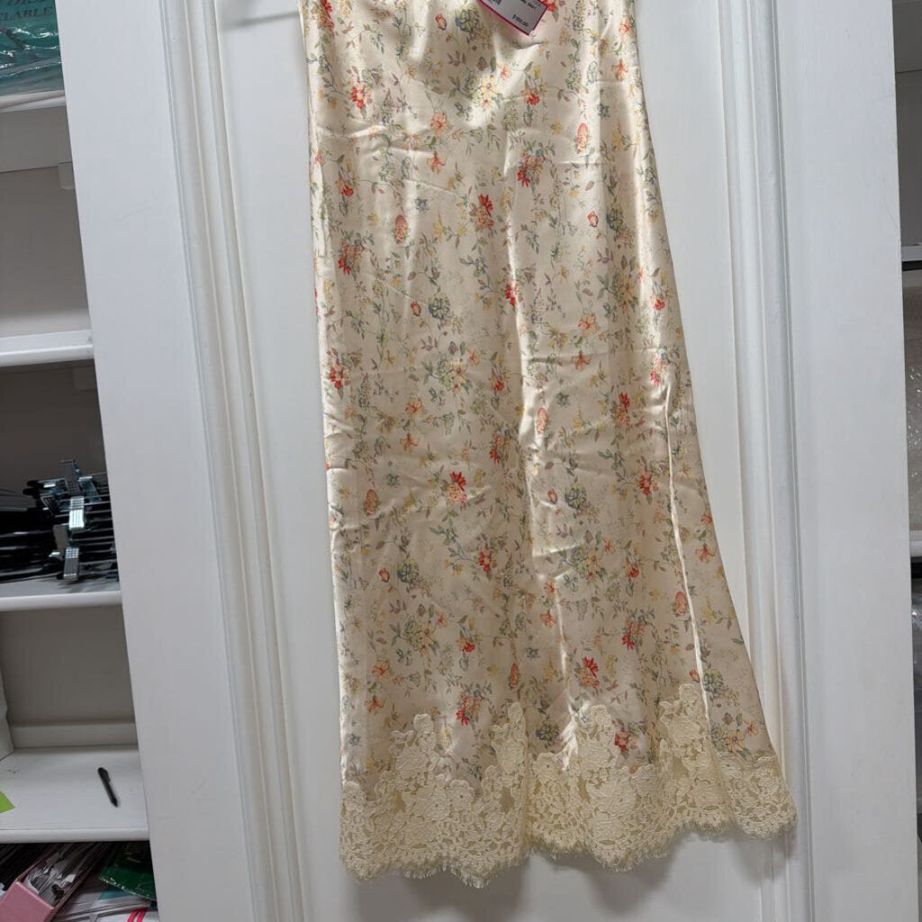 Beige Floral Silk Slip Skirt