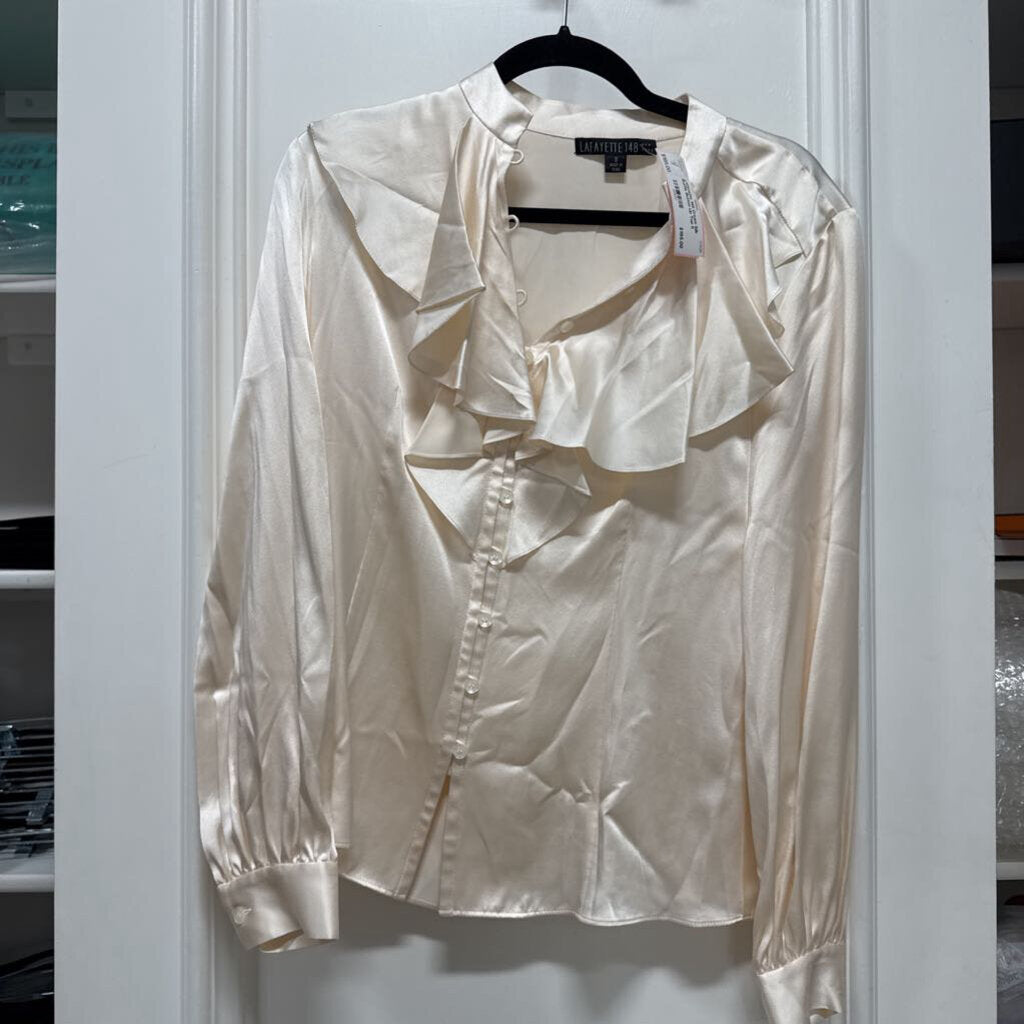 Cream Silk Ruffle Button Up Top