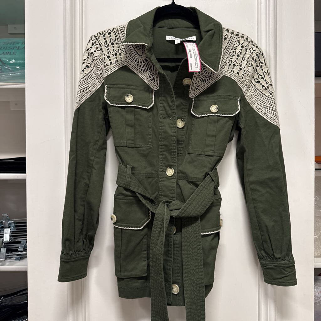 Green Cotton Lace Applique Utility Jacket