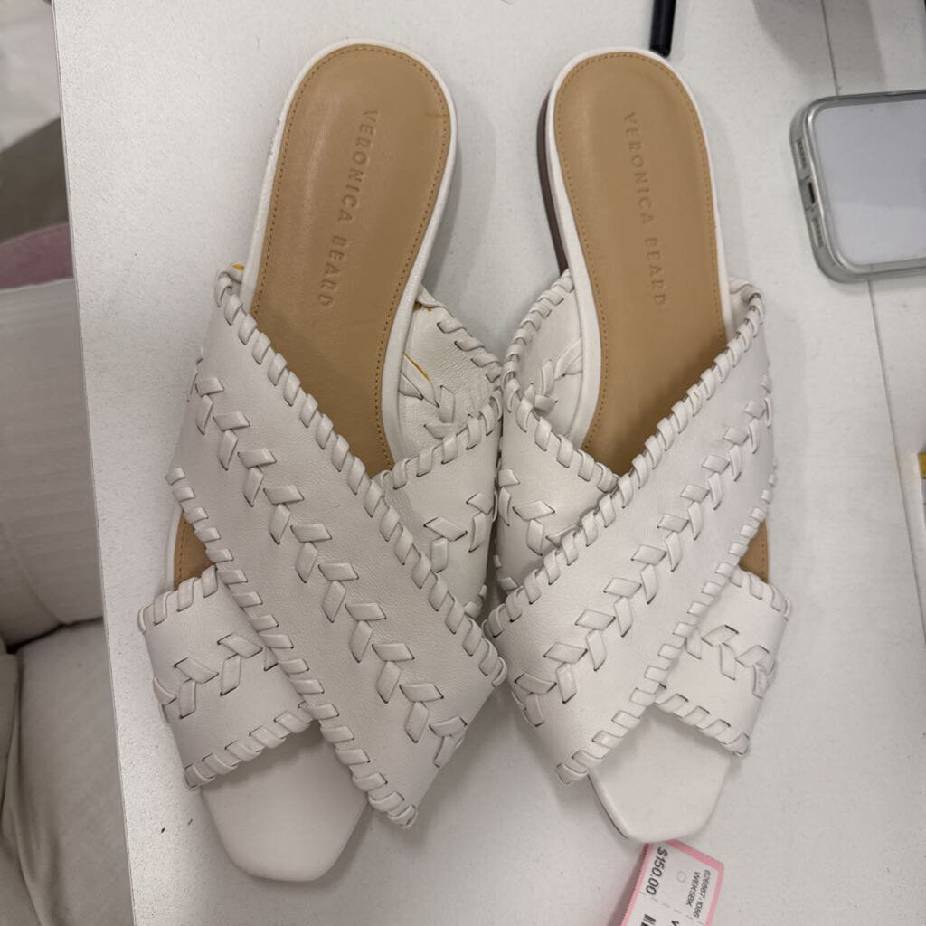 White Leather Woven Slide Sandals (11M)