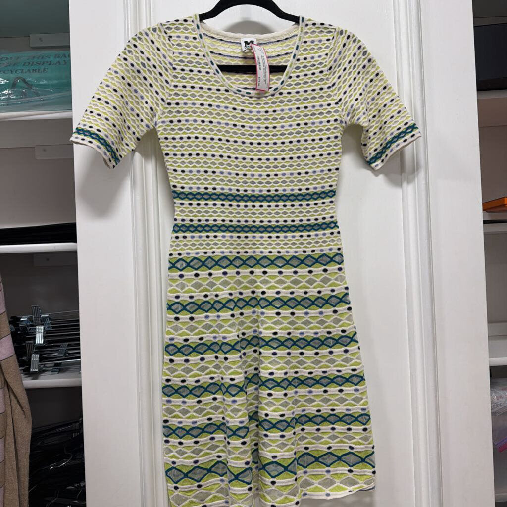 White/Green Open-Weave Mesh Mini Dress