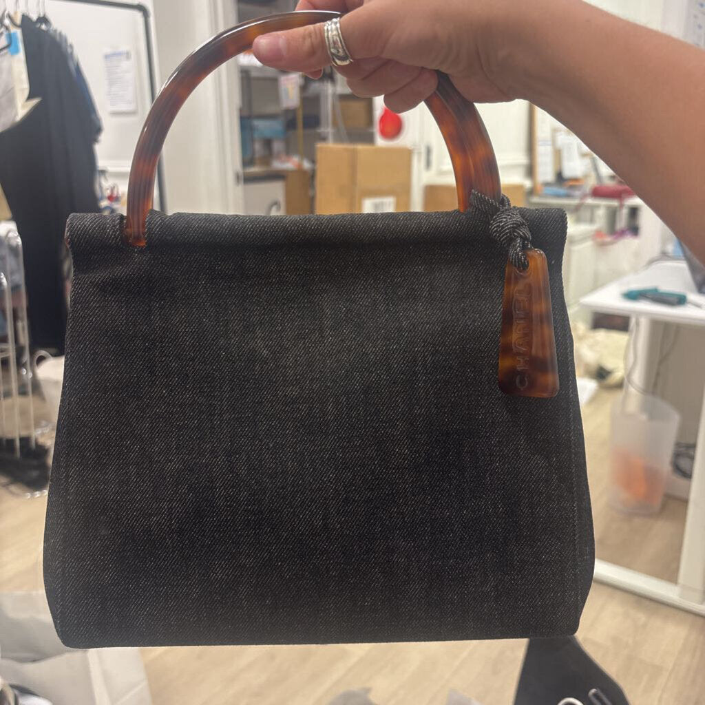 Black Denim Tortoise Top Handle Bag
