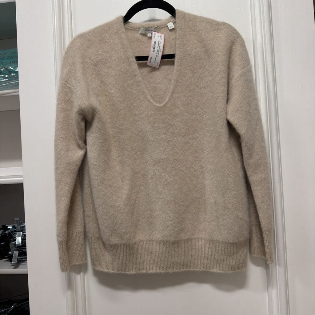 Beige Brushed Cashmere V-Neck Sweater