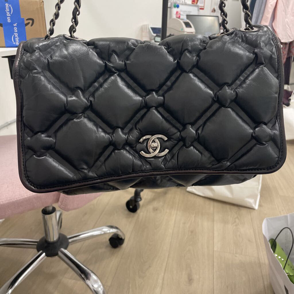 Black Puffy Diamond Chesterfield Flap Bag