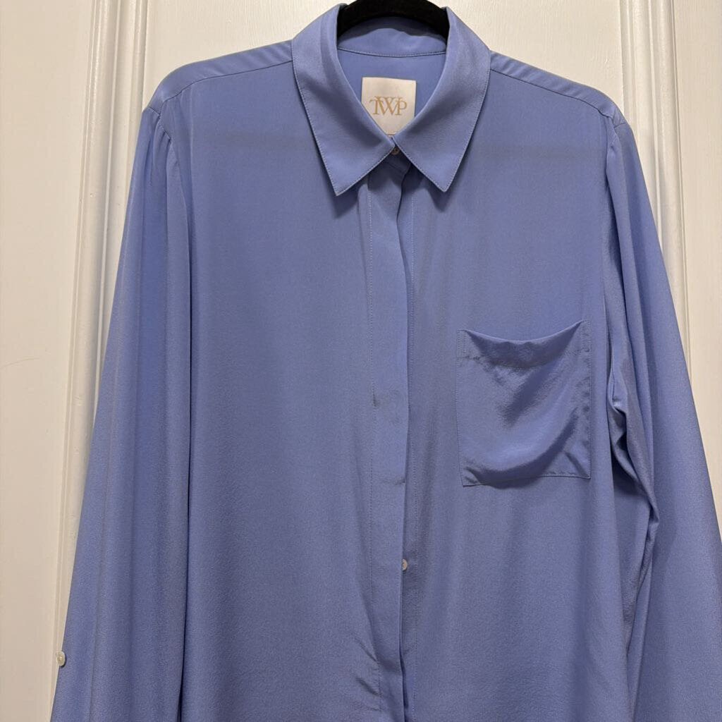 Blue Silk Button Up Top