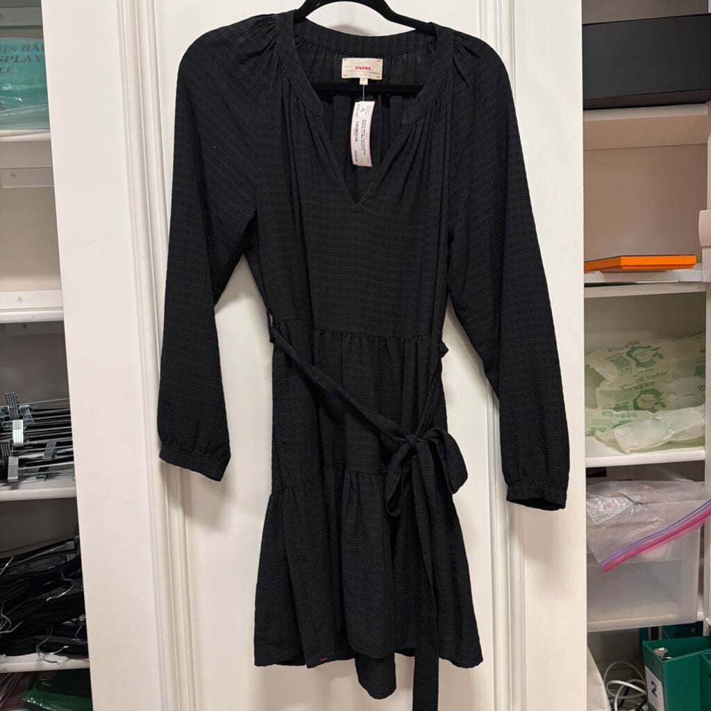 Black Viscose/Poly Belted LS Mini Dress