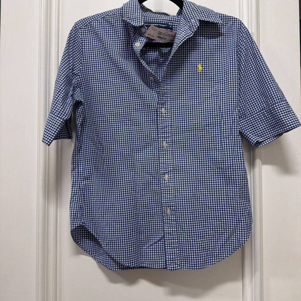 Blue Gingham Cotton SS Button Up Top