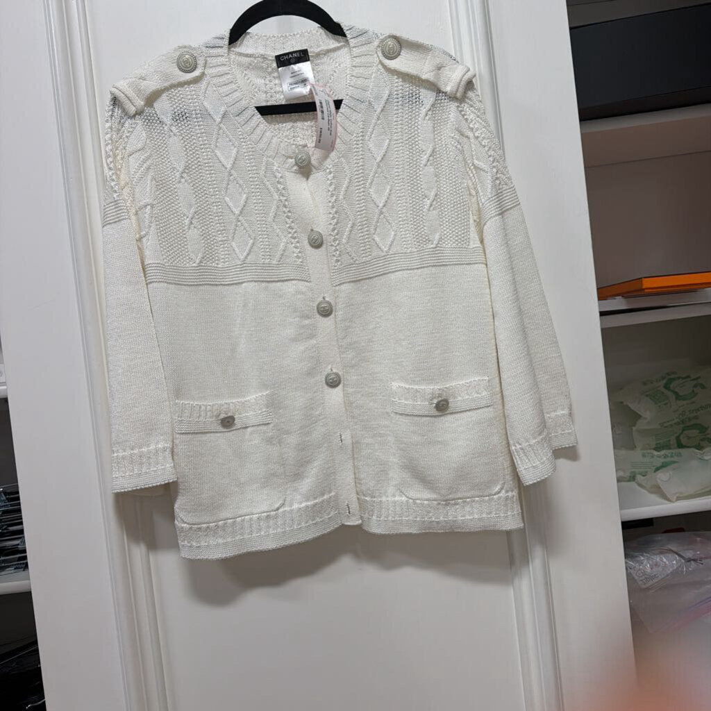 White Cotton Knit Patterned Cardigan