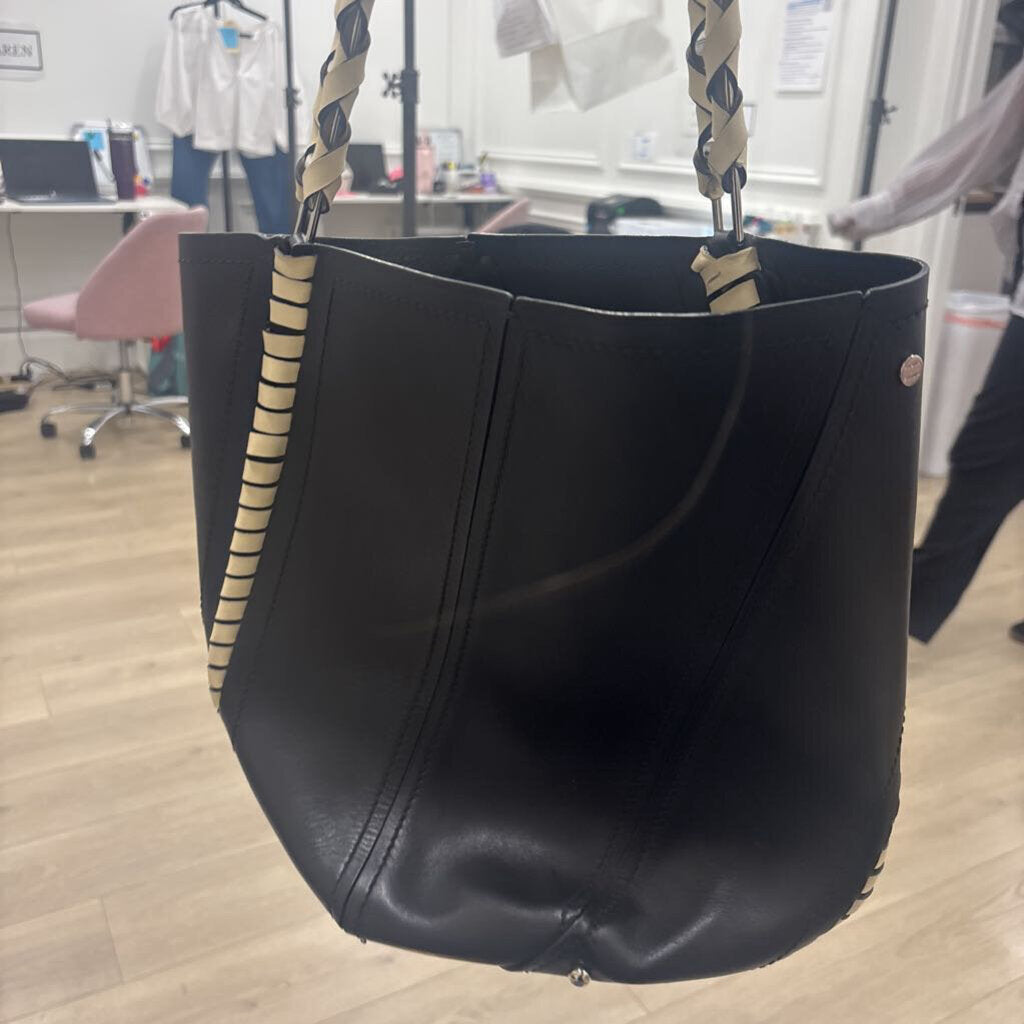 Black Leather Woven Strap Bucket Bag