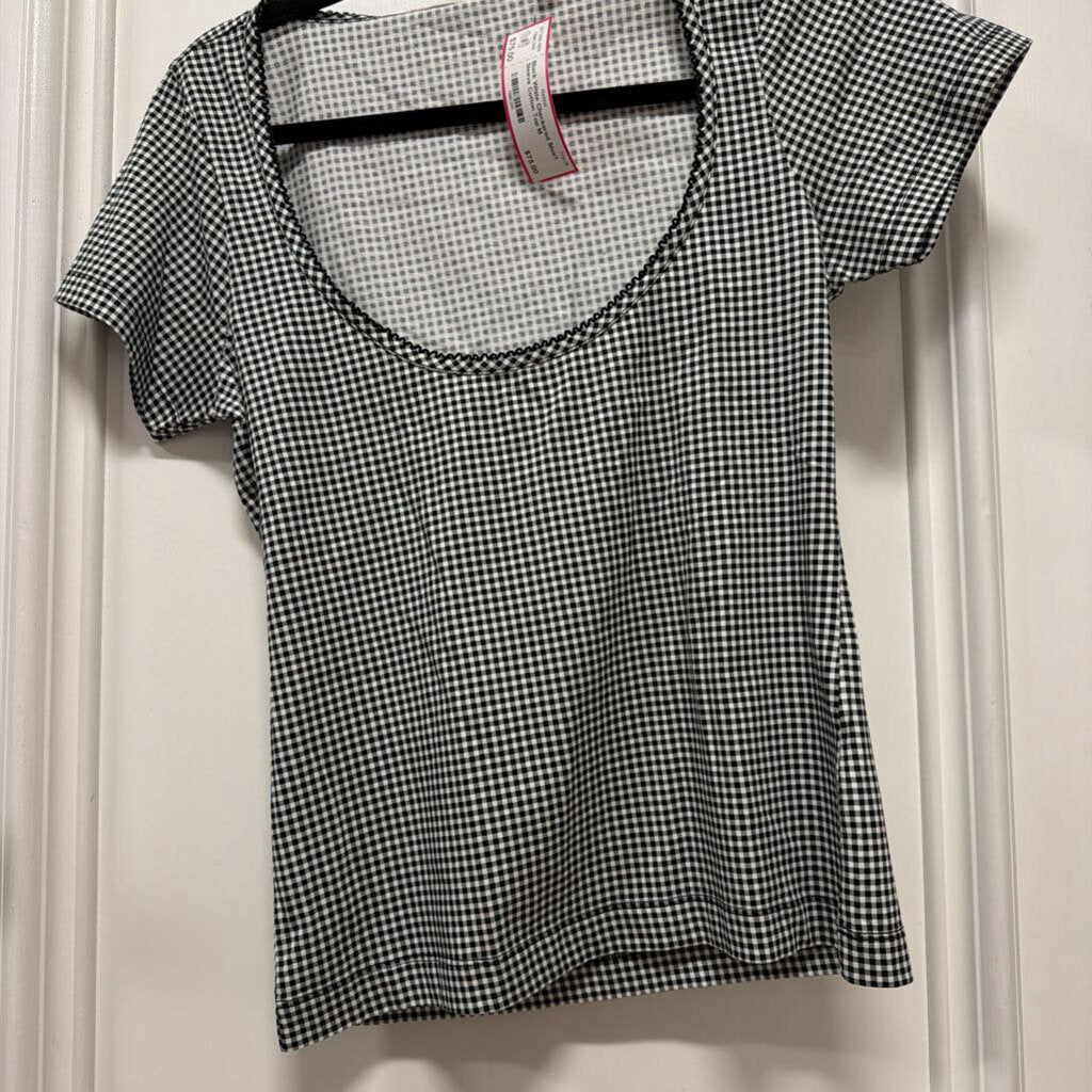 Black White Checkered Short Sleeve Cotton Top