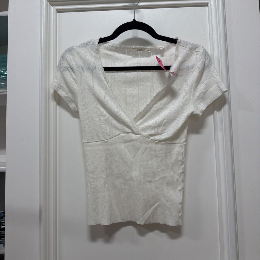 White Cotton Short Sleeve Lace Trim Top