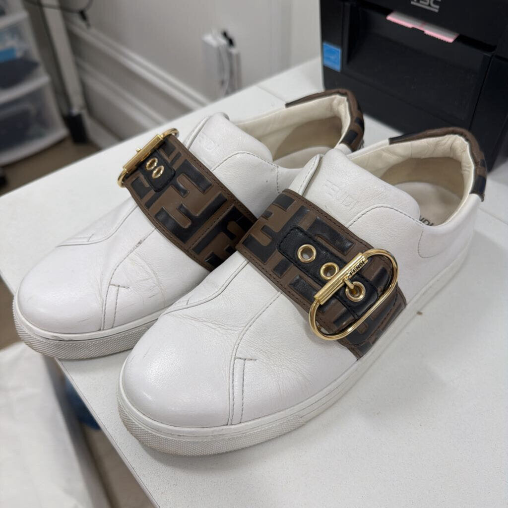 Fendi White Leather Brown Logo Detail Sneakers