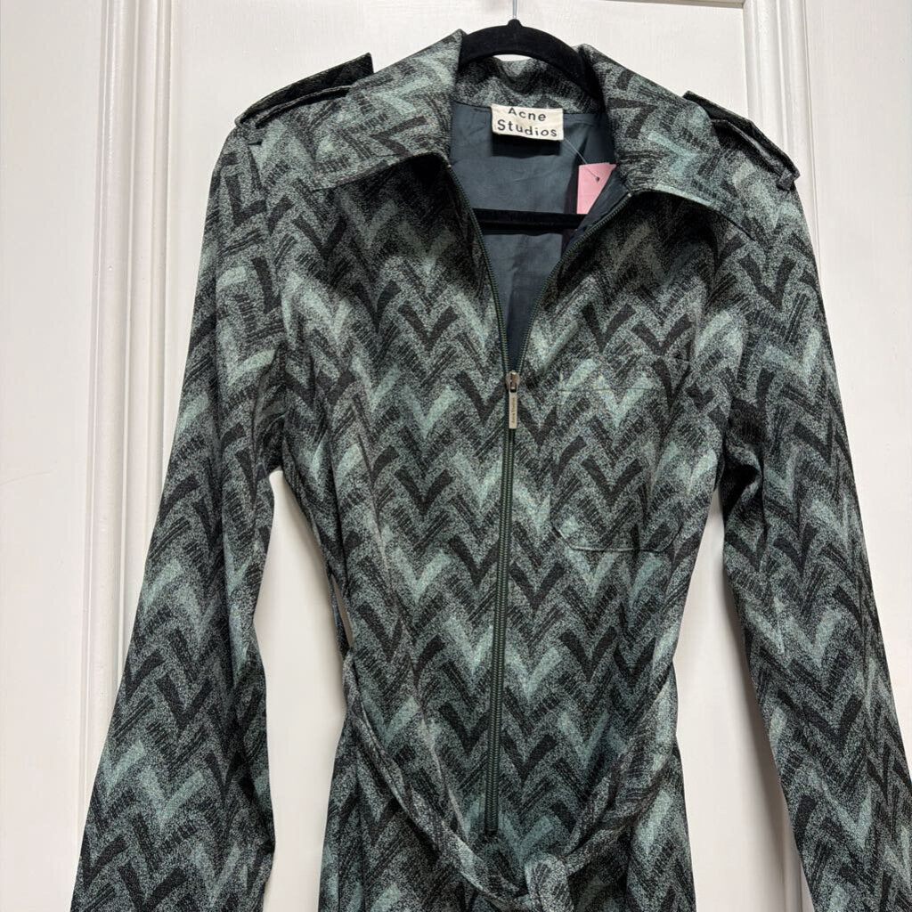 Black/Green Poly Zig Zag Print Shirt Dress