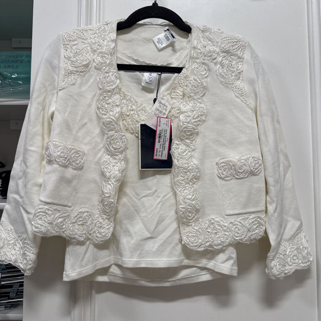 White Viscose/Cotton Ribbon-Applique Tank + Cardigan SET (as is red pen mark on flower)