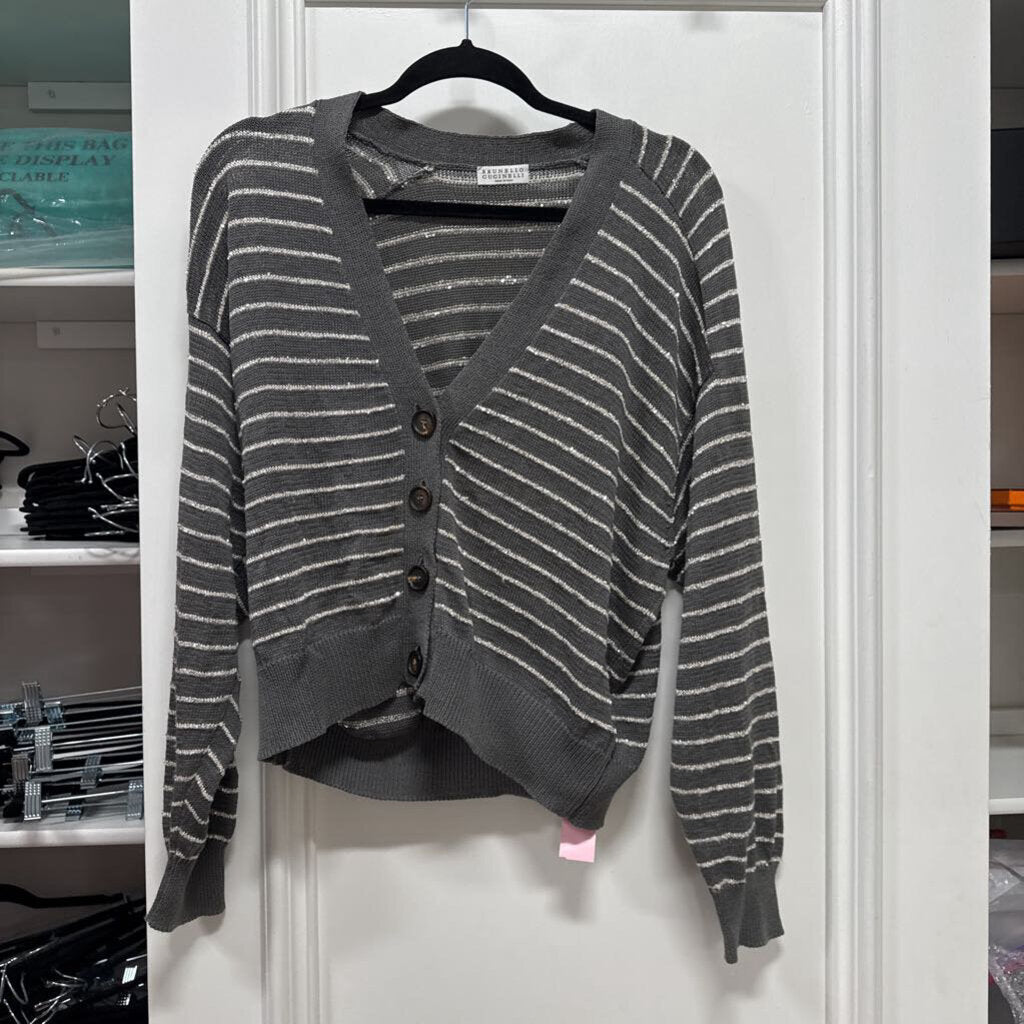 Grey Cotton Stripe Sequin Cardigan Sweater