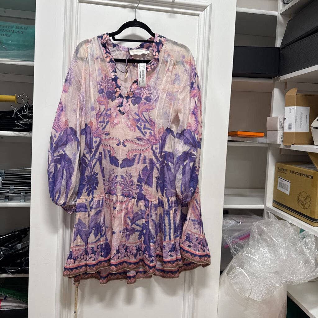 Purple Floral Belted Ramie Dress(750)