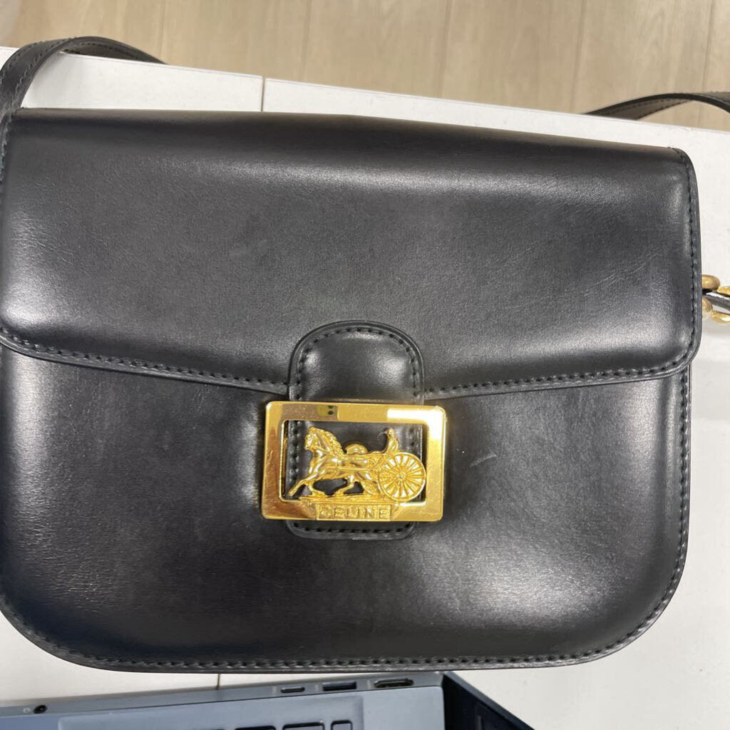 Black Leather Carriage Buckle Shoulder Bag