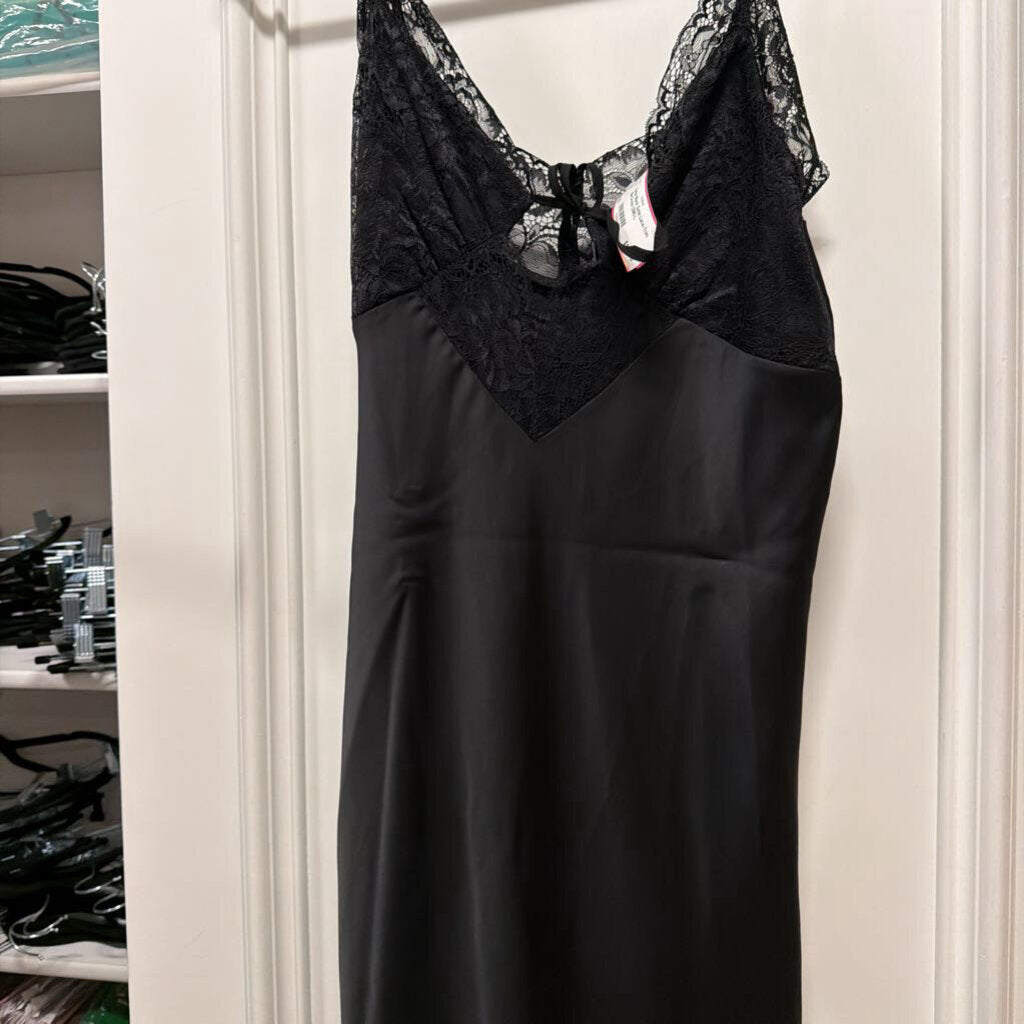 Black Satin Lace-Trim Slip Dress (296)