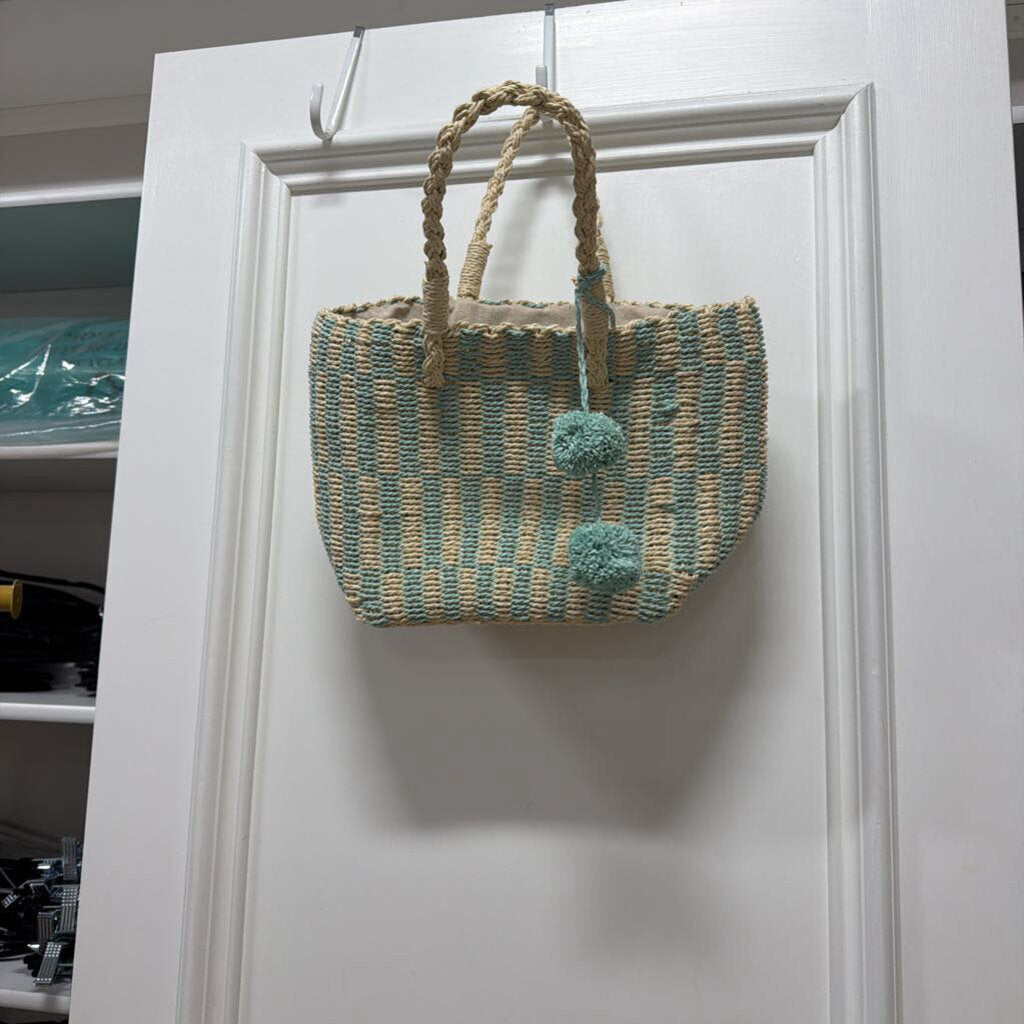 Turquoise Tan Straw Bag Wiith Pom Pom