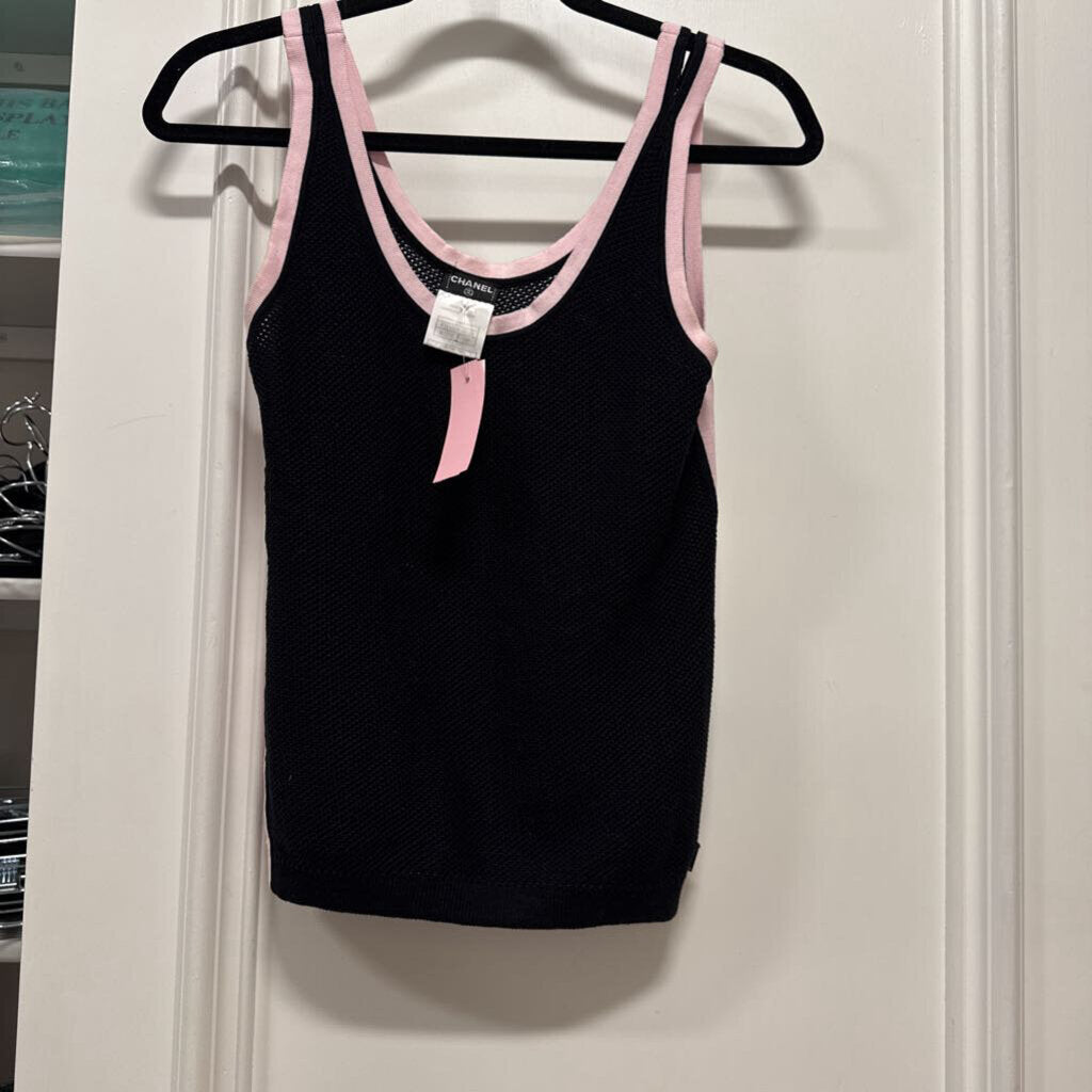 Black Cotton Knit With Pink Trim Tank Top